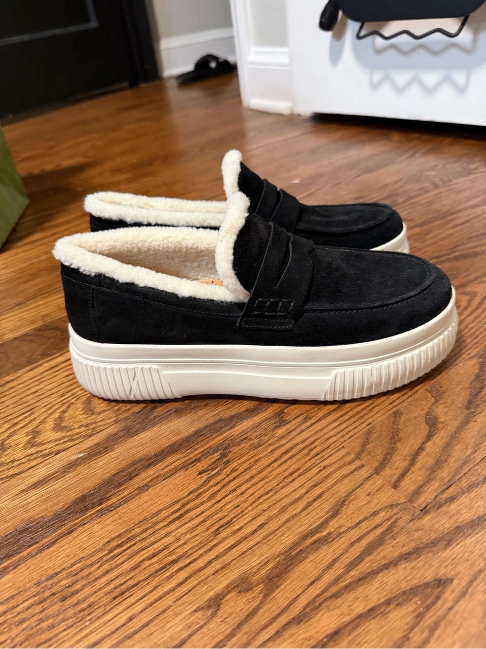 J Slides Black Suede Platform Slip-On with Cream Lining